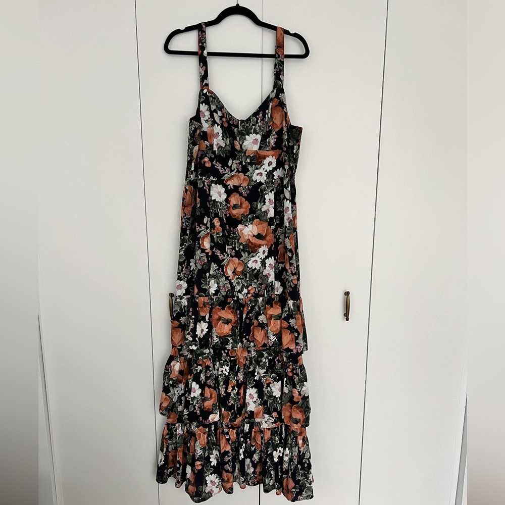 Abercrombie & Fitch Black Floral Drama Ruffle Tiered Maxi Dress size XL